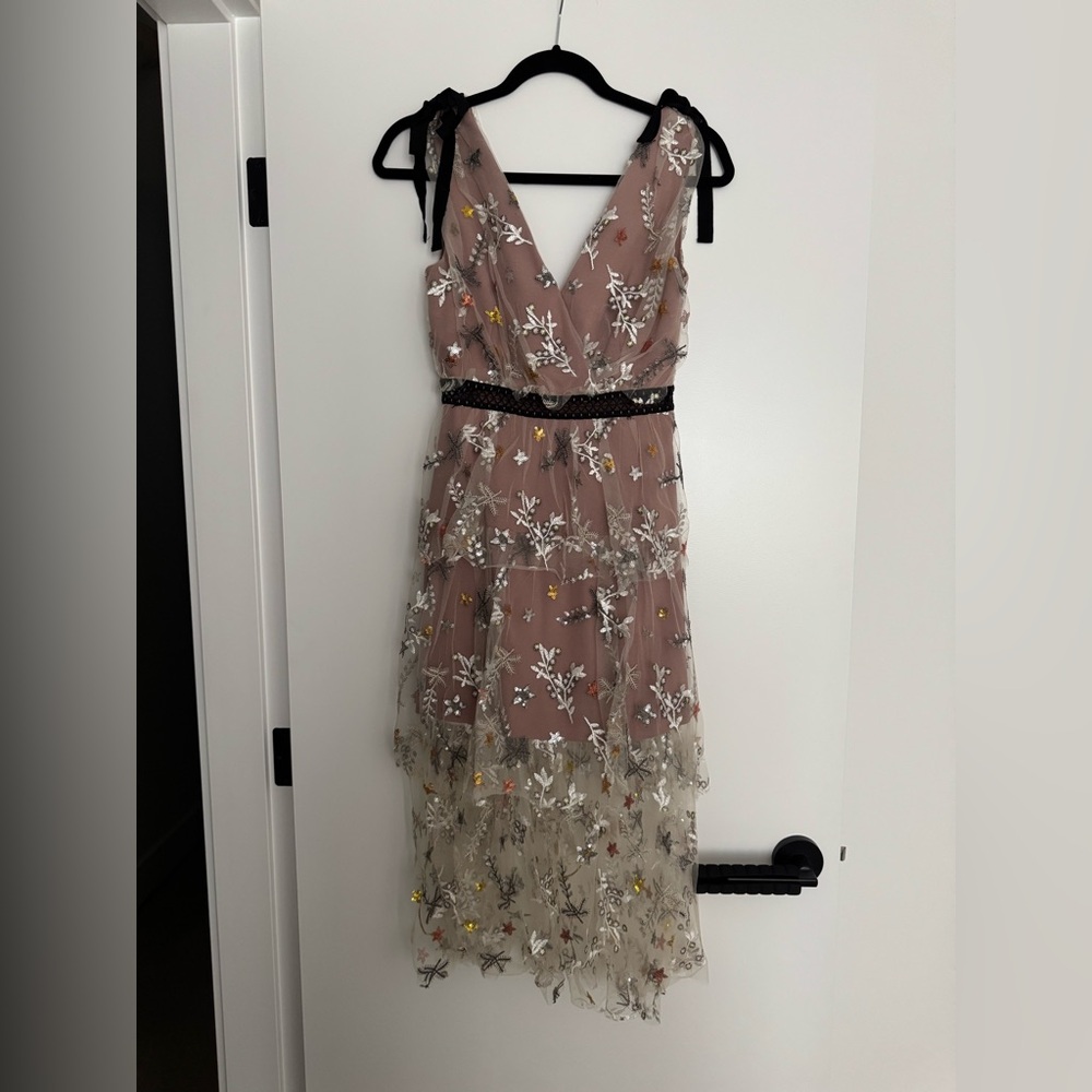 Self-Portrait Nude Tulle Midi Dress with Silver Floral Embroidery - Picture 2 of 7